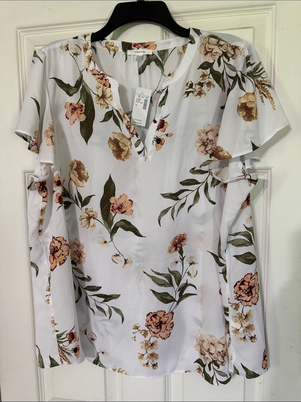 Maurices White Floral Blouse with Green Leaves and Peach Blooms